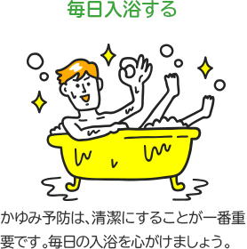 毎日入浴する　かゆみ予防は、清潔にすることが一番重要です。毎日の入浴を心がけましょう。