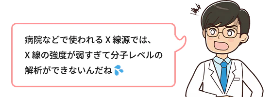 病院などで使われるX線源では、X線の強度が弱すぎて分子レベルの解析ができないんだね